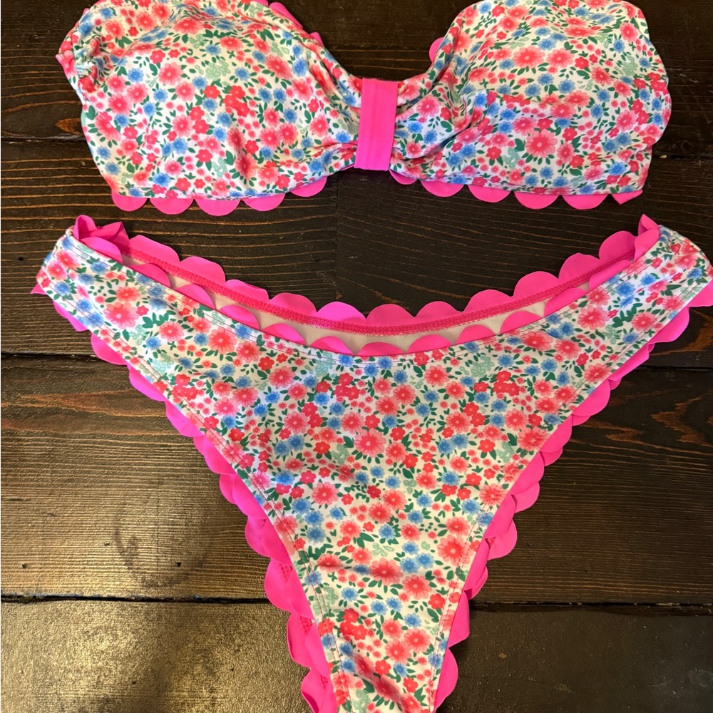 SHEIN Floral Bandeau Bikini - Pink and Blue